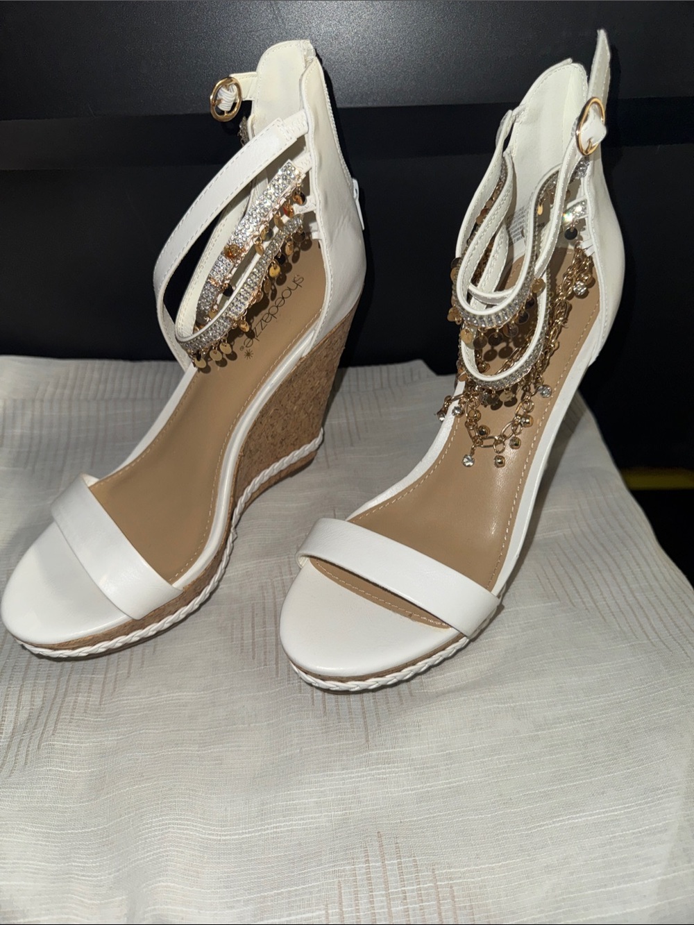 Shoe Dazzle White Wedge Sandals with Beaded Ankle Straps